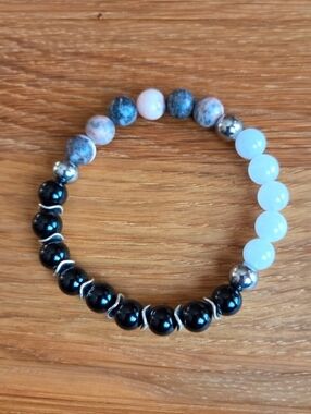 Black Onyx, Pink Zebra Jasper & White Jade Beads Bracelet, Stretch, Hand Crafted